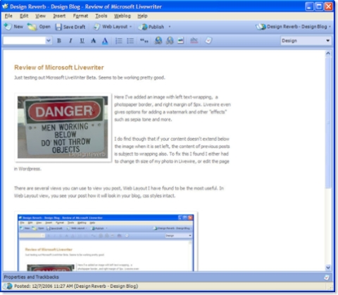 LiveWriters' Web Layout view